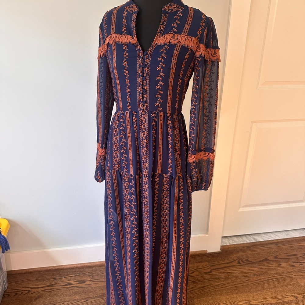 BCBGMaxAzria Long Sleeve Dress in Navy and Orange